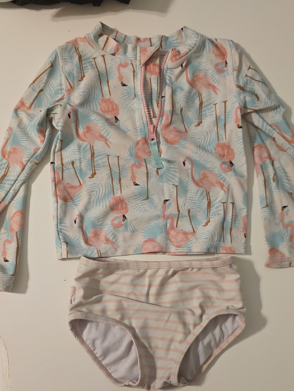 Ruffle Butts Pink Flamingo Zip Rash Guard Set with Light Blue Palm Print
